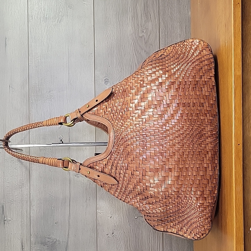 Cole Haan Hobo Genevieve Woven Weave Triangle Brown Leather Tote Shoulder Bag XL